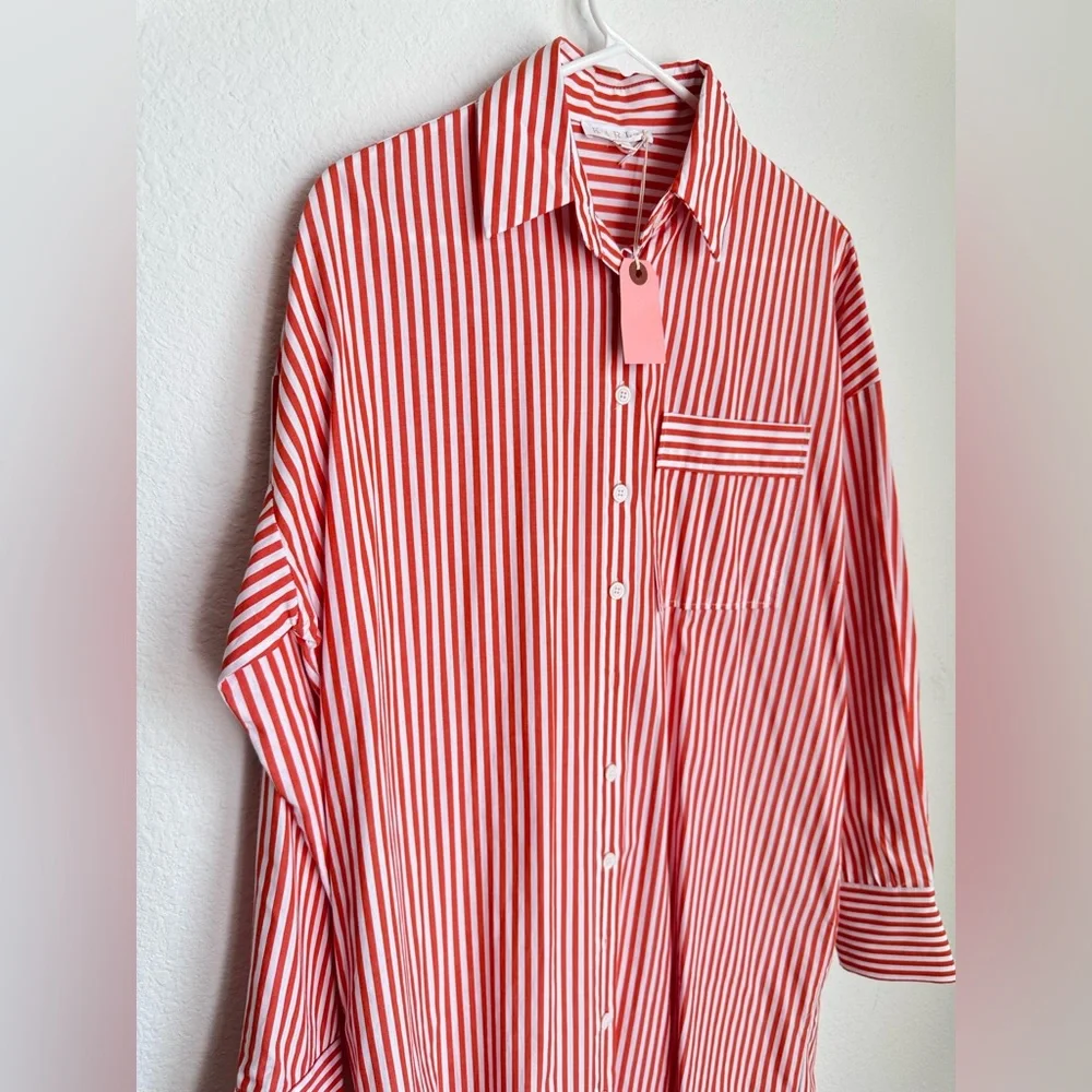 NWT KARLIE stripe poplin pocket maxi shirt‎ dress in red Small - Picture 6 of 16